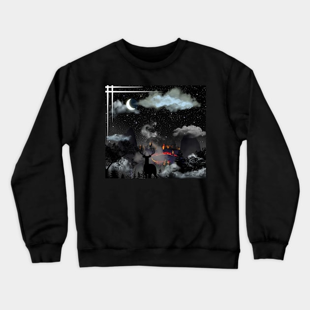 Starry Night Guardian - A Deer's and Fiery Landscape Crewneck Sweatshirt by Smiling-Faces